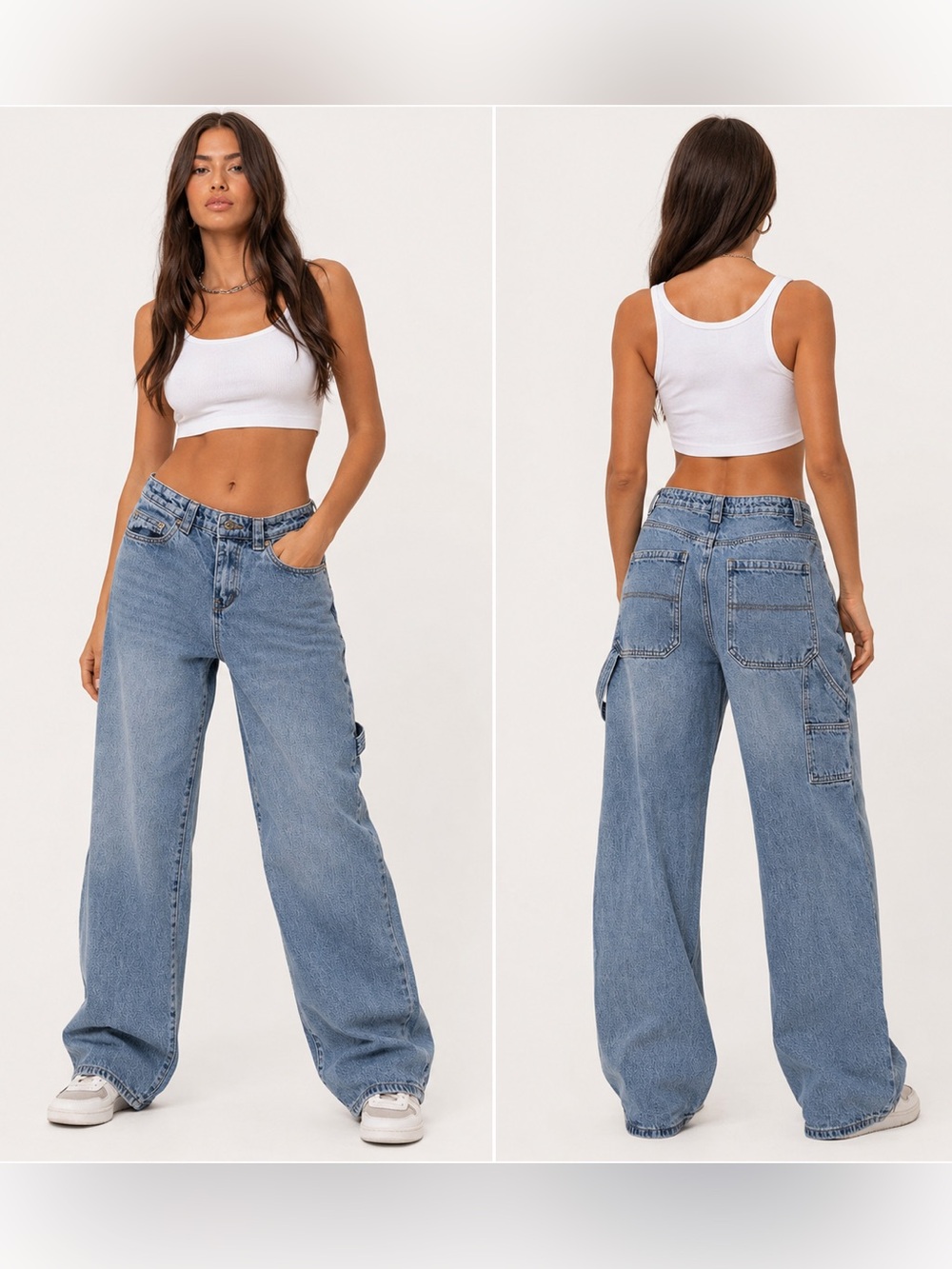 Edikted Cargo Wide Leg Jeans Medium Wash Utility Y2K Baggy Skater Medium